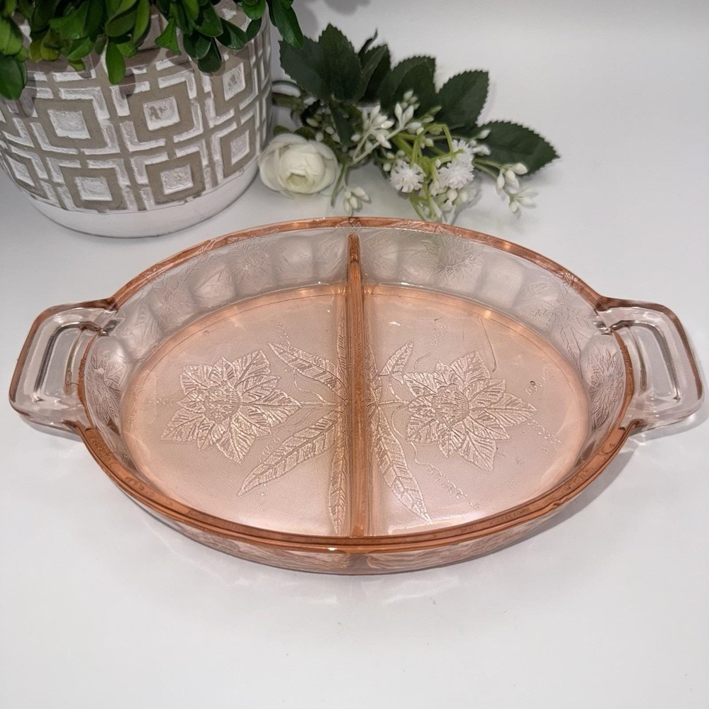 Vintage Pink Depression Glass Dogwood Divided Relish Dish MacBeth Evans 1930s